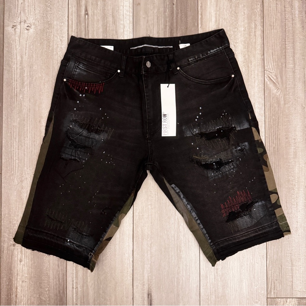 Distressed Jorts Men’s 38 First Row Black Vintage Wash Camo side panels NWT